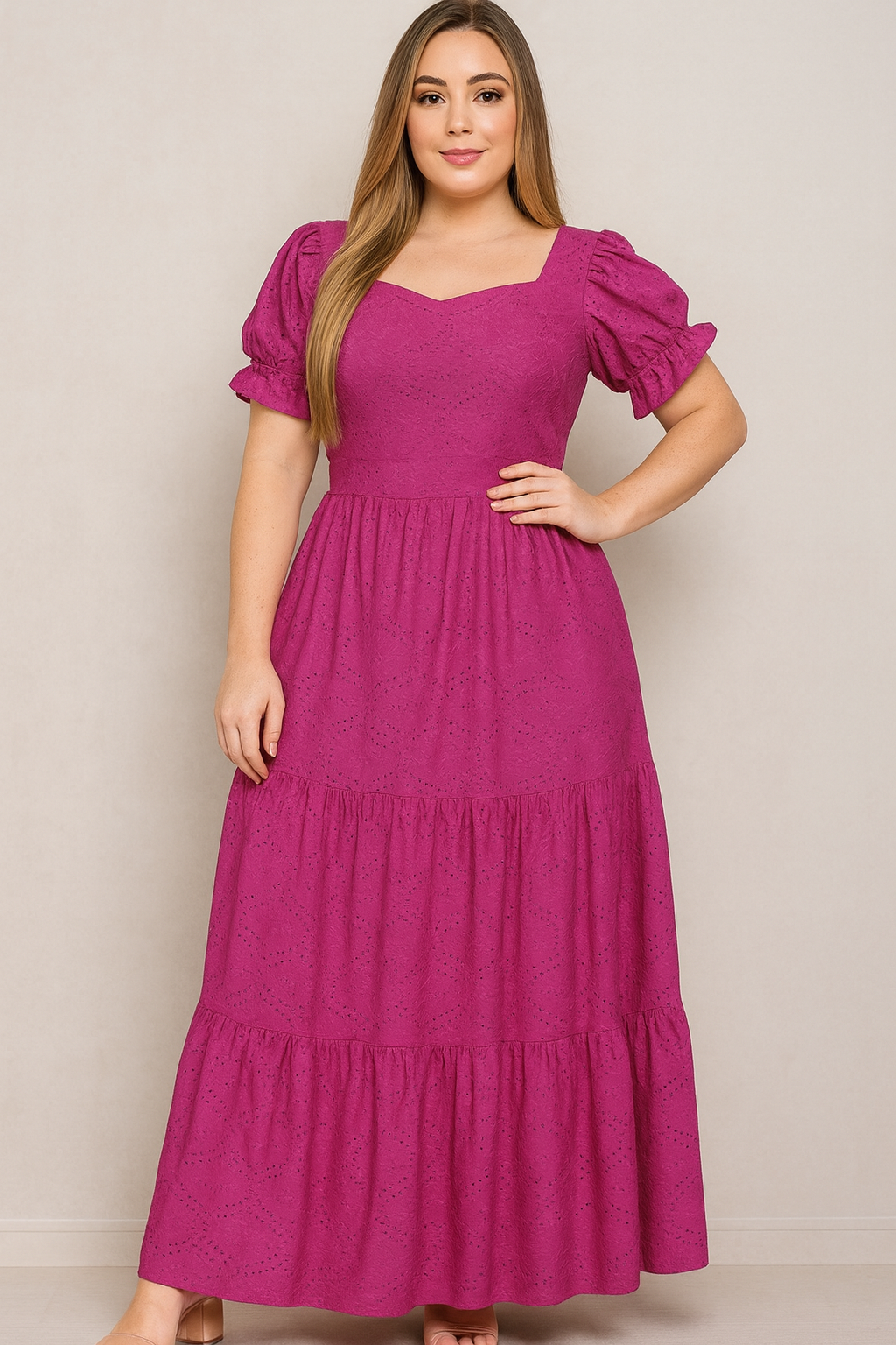 Molde Digital Vestido Longo Magenta com Mangas Bufantes